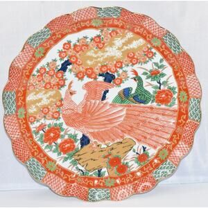 Large Japanese Arita Imari Peacock Scalloped Coupe Porcelain Platter